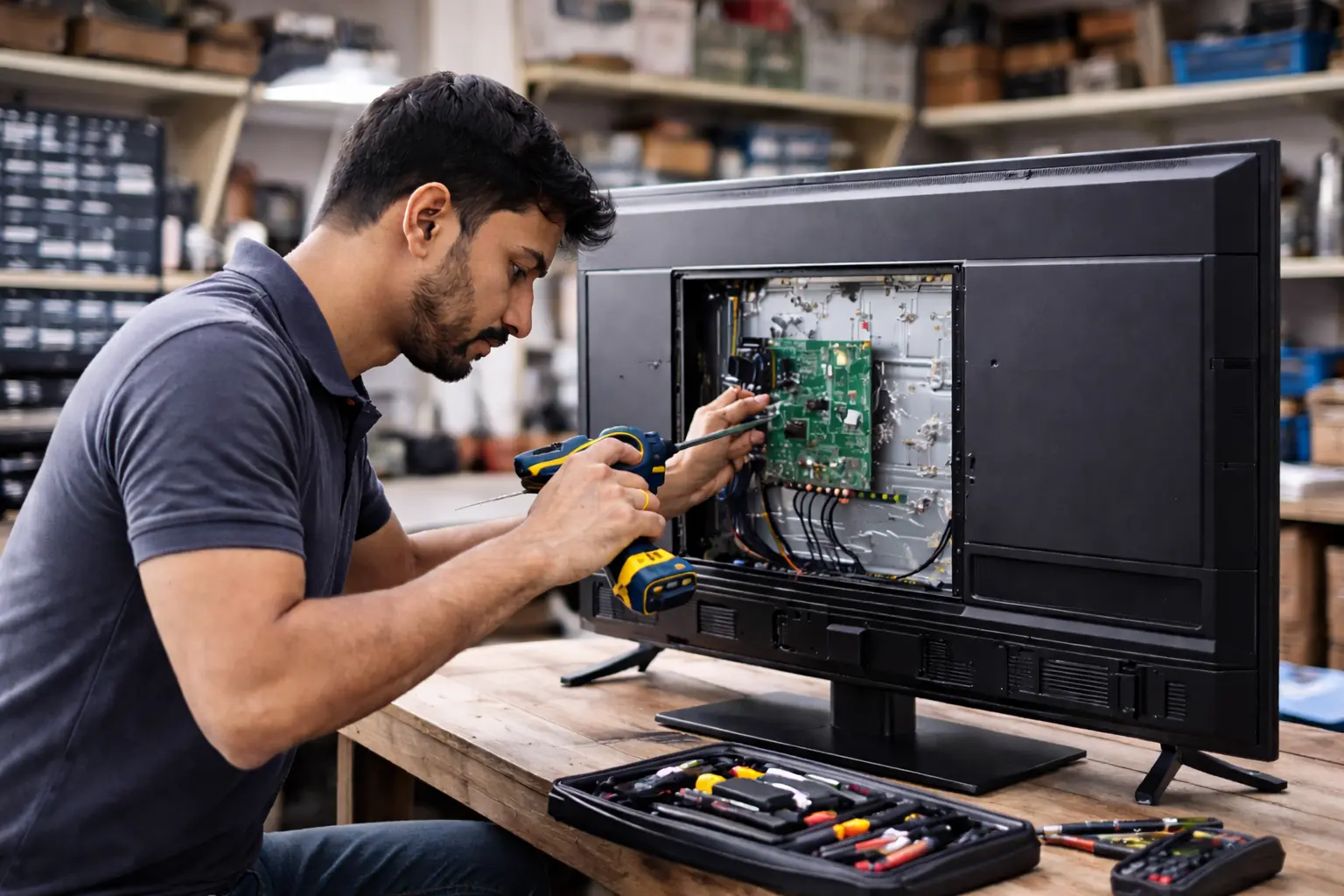 TV mechanic repairing a television at home in Bhubaneswar