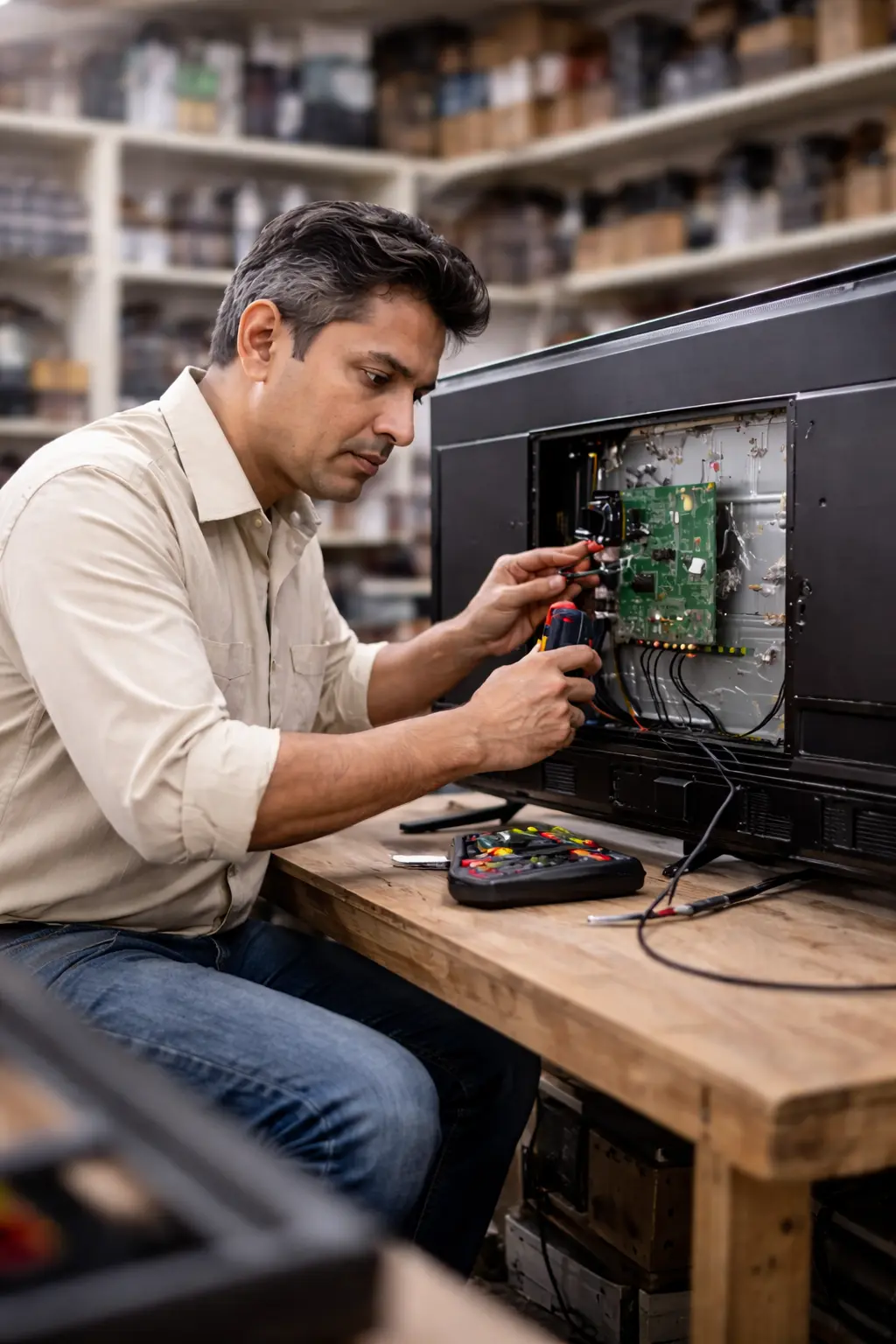 Nice Vision technician diagnosing TV issue at customer home