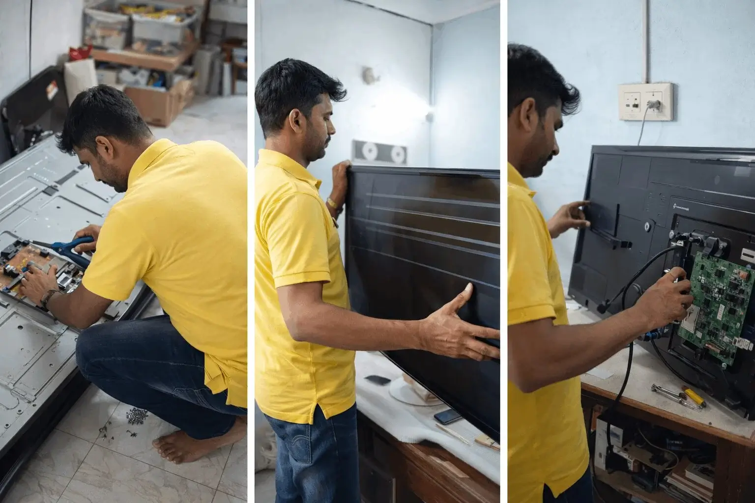 Nice Vision TV technician repairing a television at customer home in Bhubaneswar